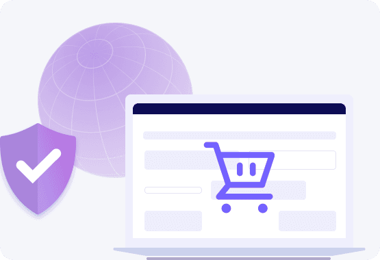 web interface showing shopping cart next to earth and safety shield